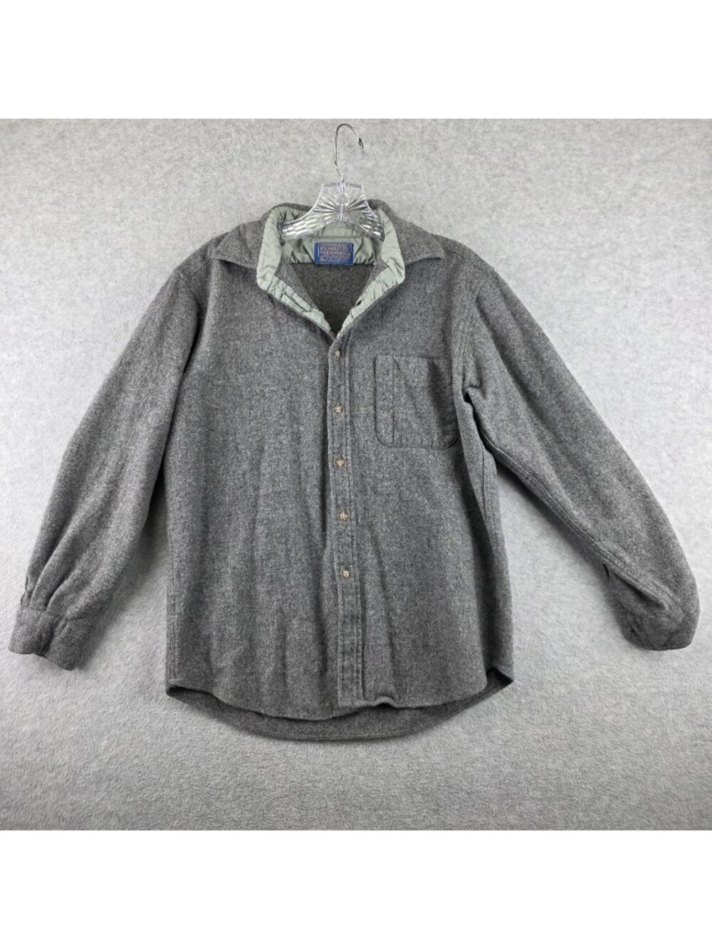 Pendleton Shirt Mens L Gray Virgin Wool Button Up USA Leather Elbow Patch